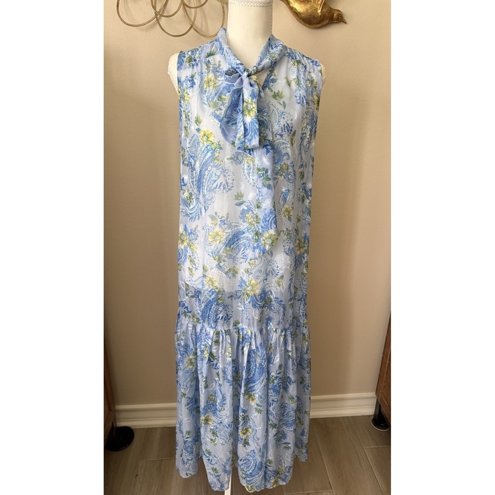 Flying Tomato Blue Paisley Tie Neck Midi Dress M Wedding Guest No Belt Liner